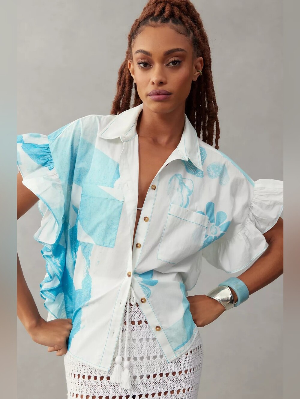 Pilcro Anne Guest Anthropologie Cyanotype Ruffled Button Down Blouse In L - Picture 3 of 10